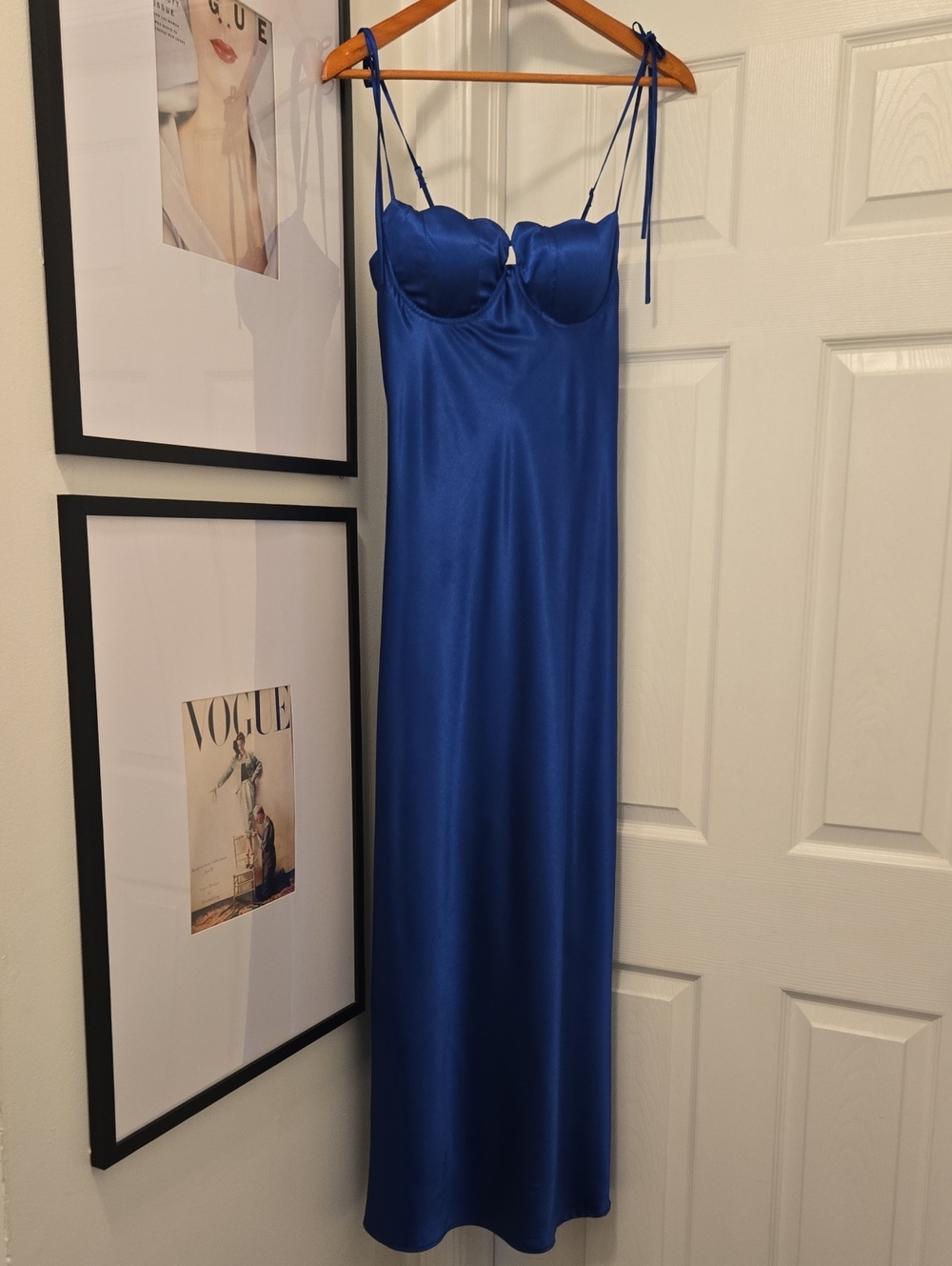 Thirty/Thirty LA Royal Blue Satin Seashell Slip Maxi Dress Bow Straps